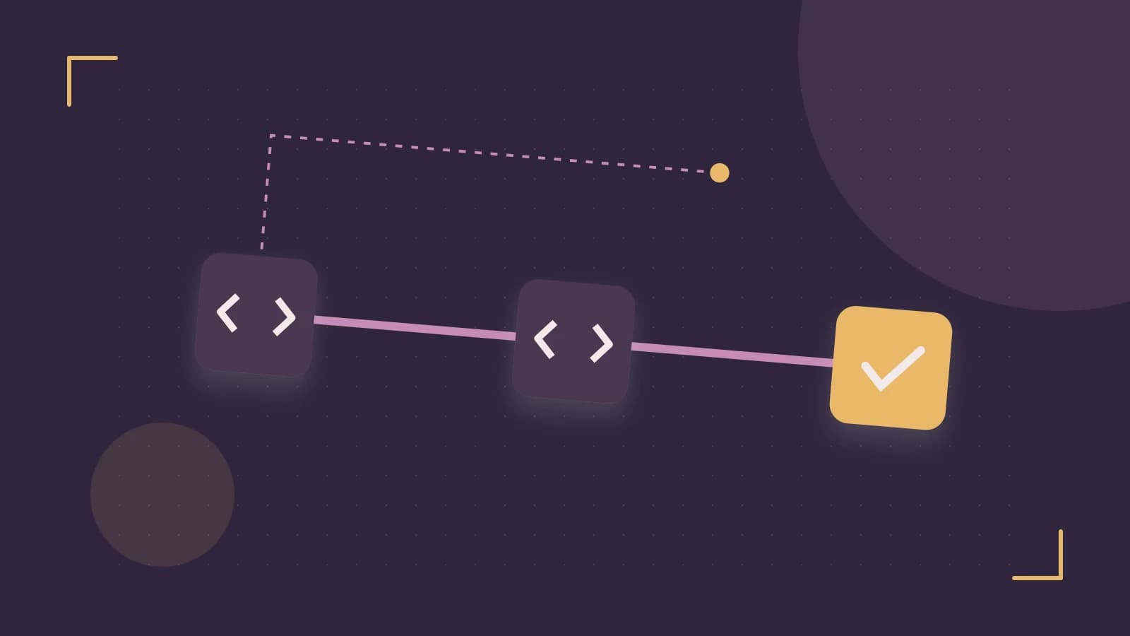 Editorial illustration of a branching build pipeline, staged transformations and a completed check