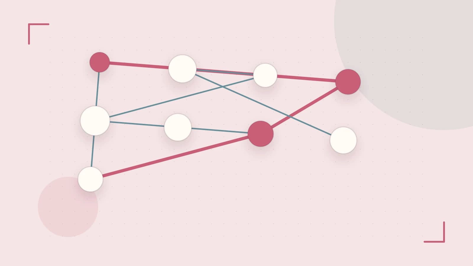 Editorial illustration of an algorithmic node graph with branching paths and a highlighted result