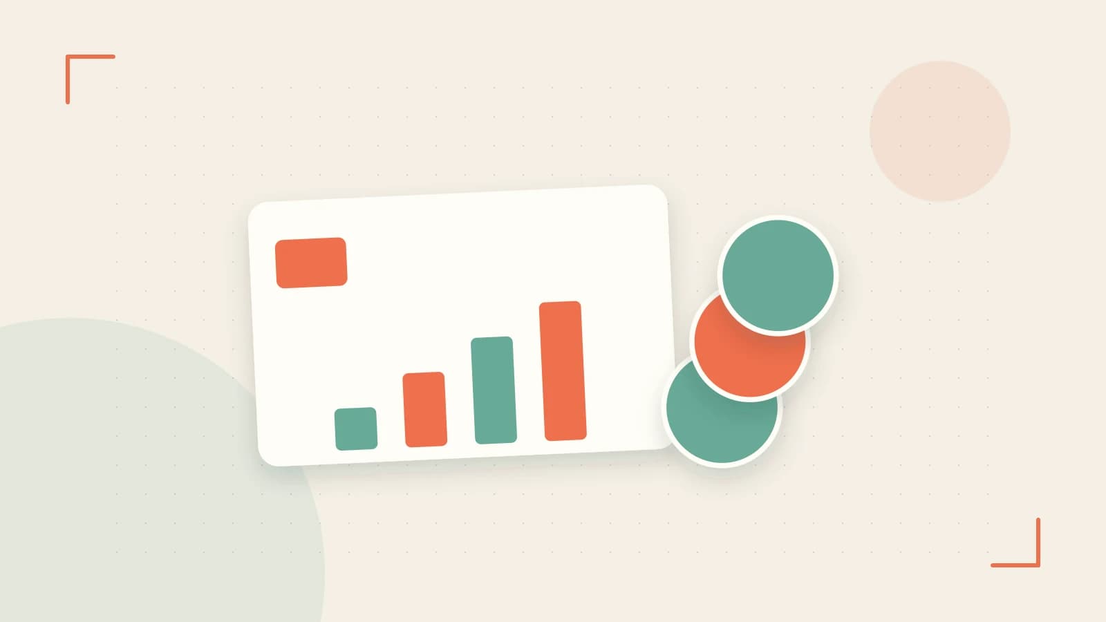 Editorial illustration of abstract coins, a payment card and a geometric financial chart without data labels