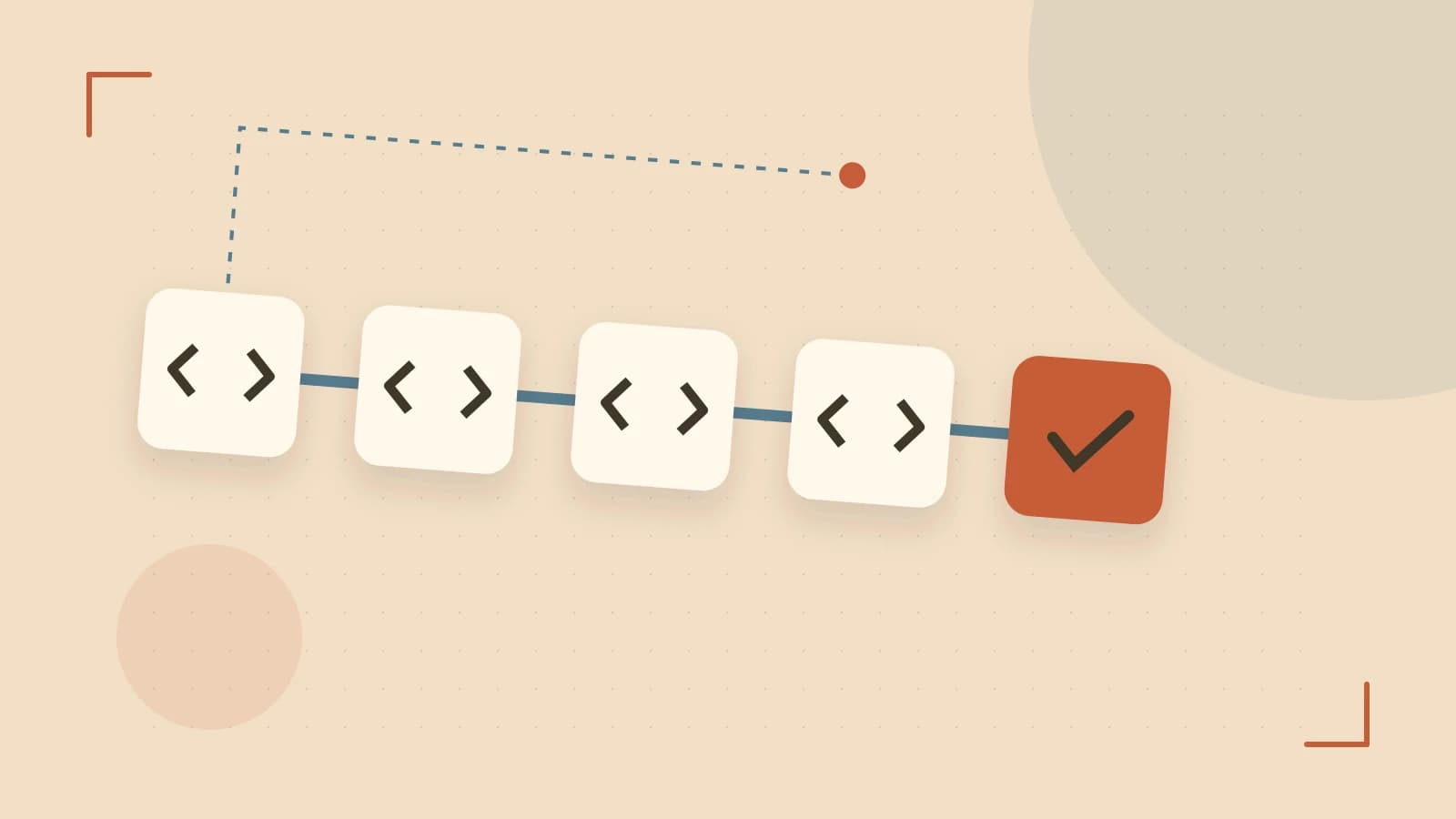 Editorial illustration of a branching build pipeline, staged transformations and a completed check