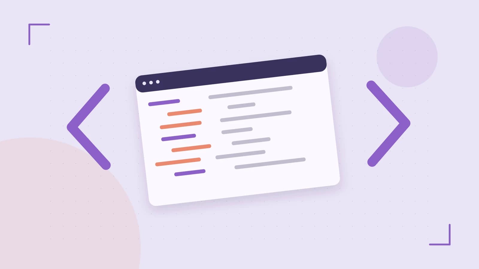 Editorial illustration of an abstract code editor, syntax blocks and oversized programming brackets