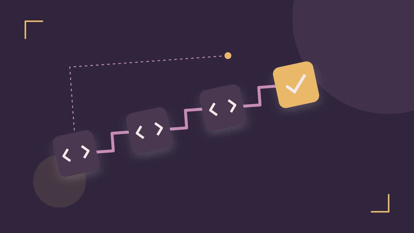 Editorial illustration of a branching build pipeline, staged transformations and a completed check