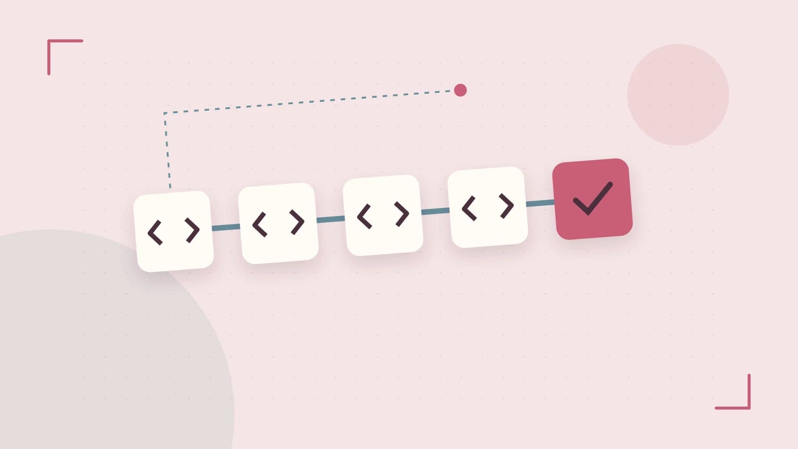 Editorial illustration of a branching build pipeline, staged transformations and a completed check