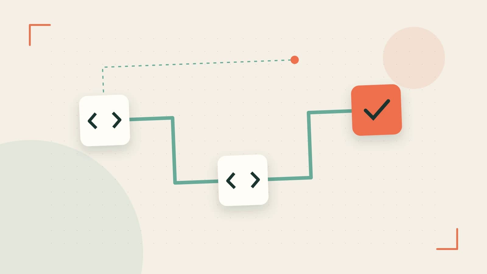 Editorial illustration of a branching build pipeline, staged transformations and a completed check