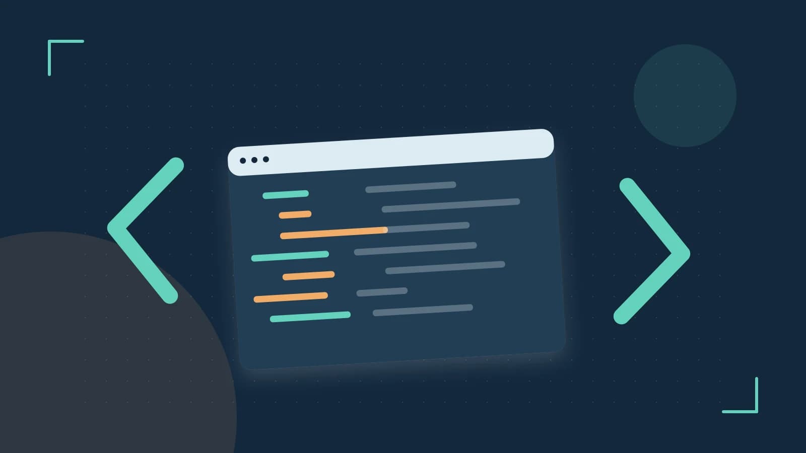 Editorial illustration of an abstract code editor, syntax blocks and oversized programming brackets