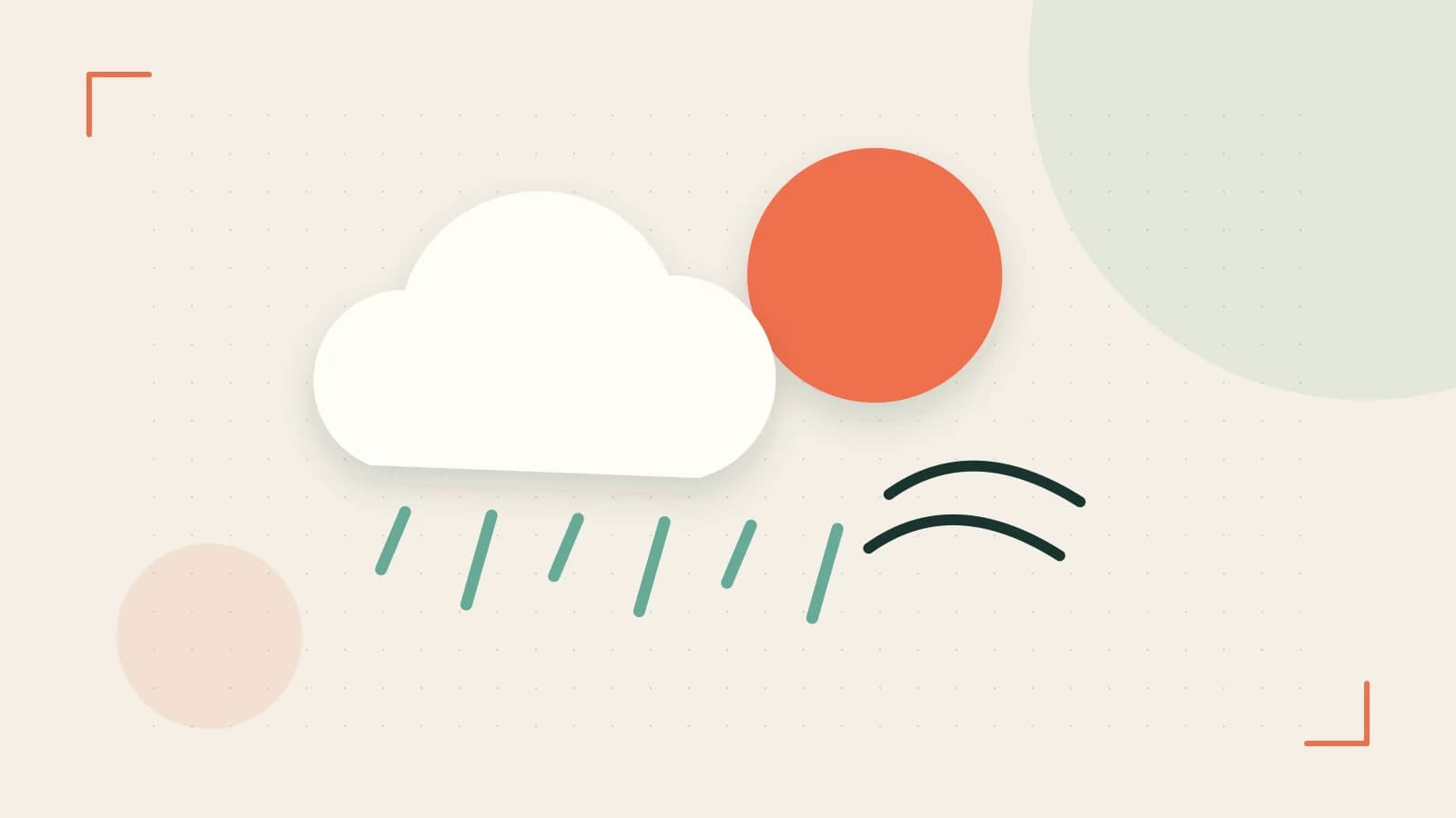 Editorial illustration of a sun, layered clouds, raindrops and flowing weather patterns