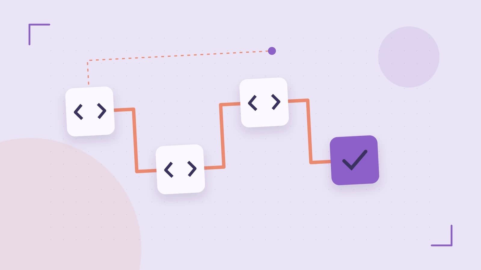 Editorial illustration of a branching build pipeline, staged transformations and a completed check