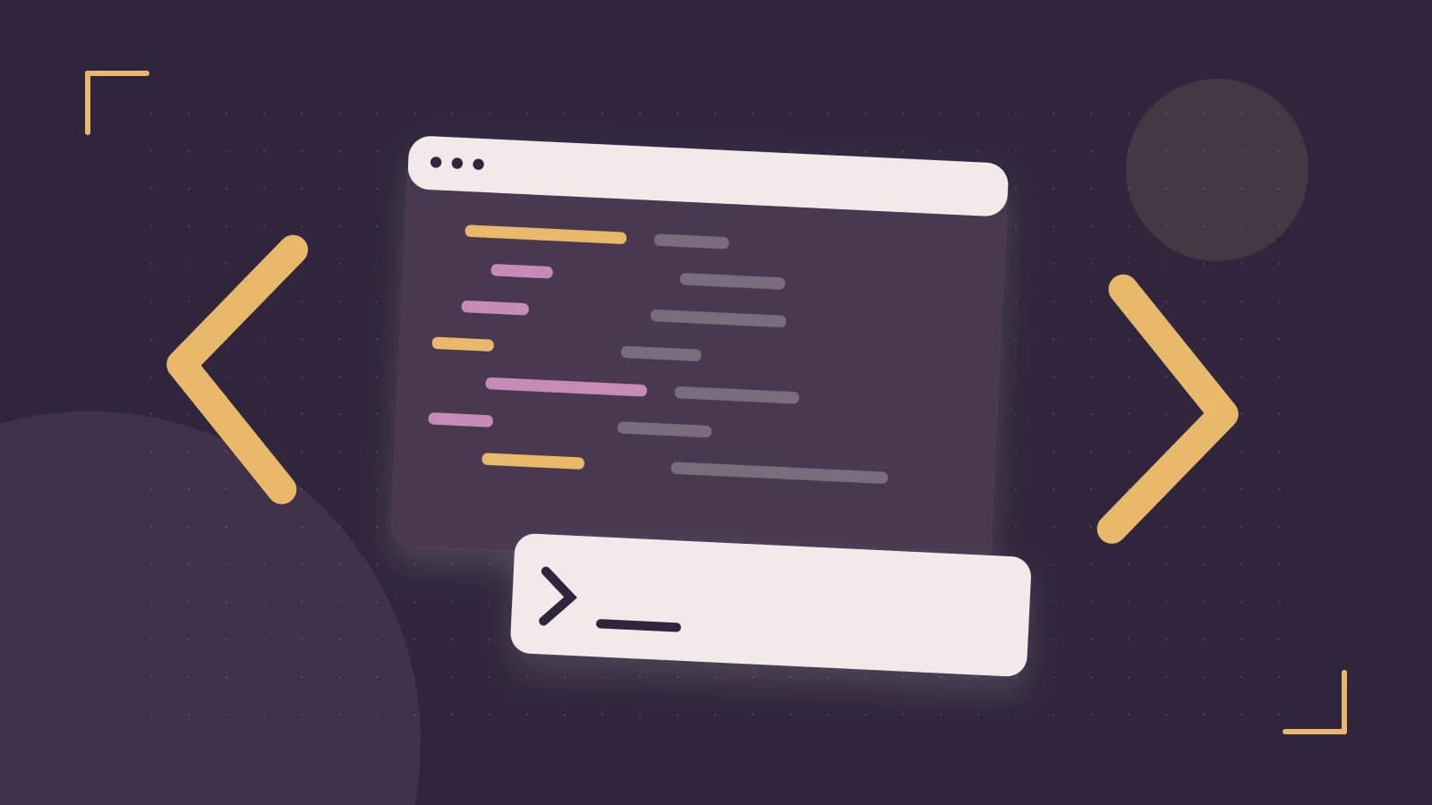 Editorial illustration of an abstract code editor, syntax blocks and oversized programming brackets