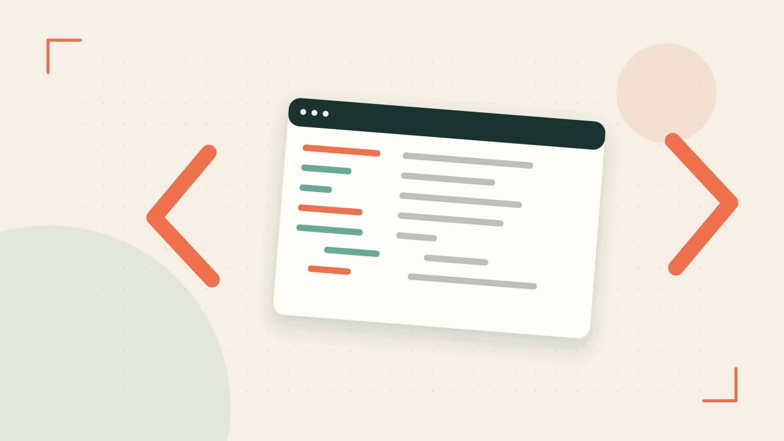 Editorial illustration of an abstract code editor, syntax blocks and oversized programming brackets
