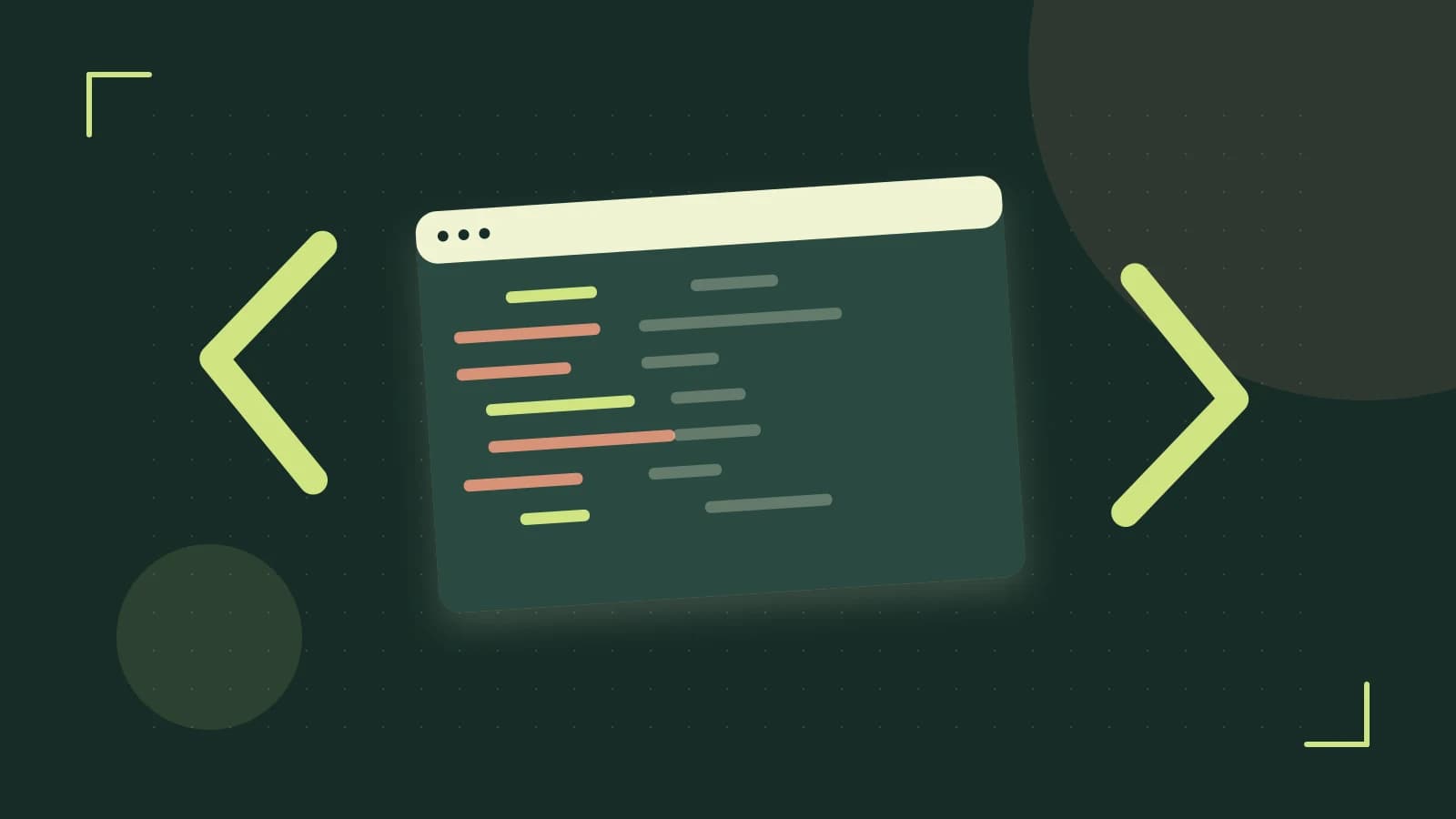 Editorial illustration of an abstract code editor, syntax blocks and oversized programming brackets
