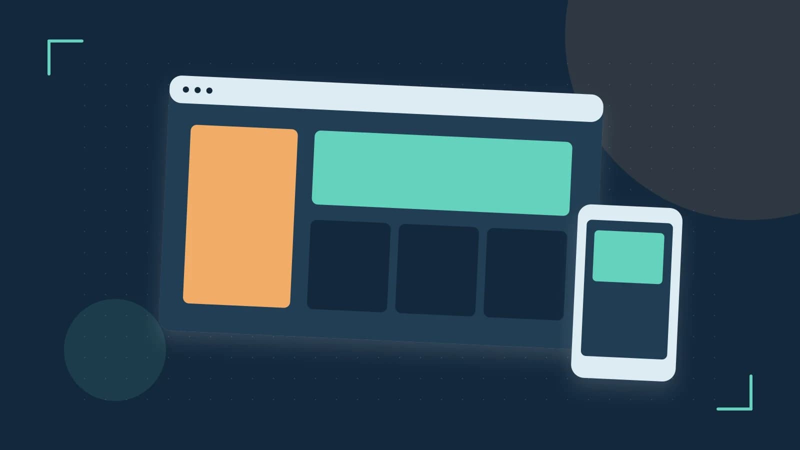 Editorial illustration of responsive browser layouts, overlapping design components and a color system