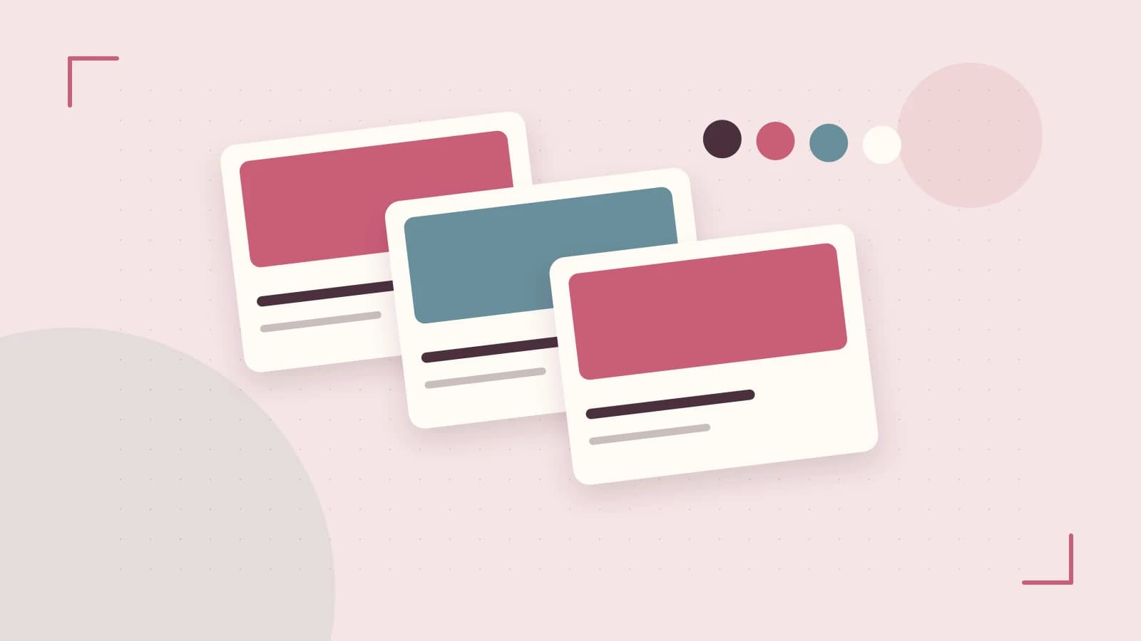 Editorial illustration of responsive browser layouts, overlapping design components and a color system