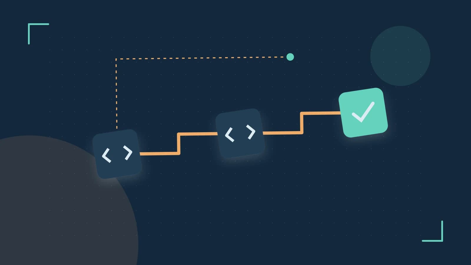 Editorial illustration of a branching build pipeline, staged transformations and a completed check