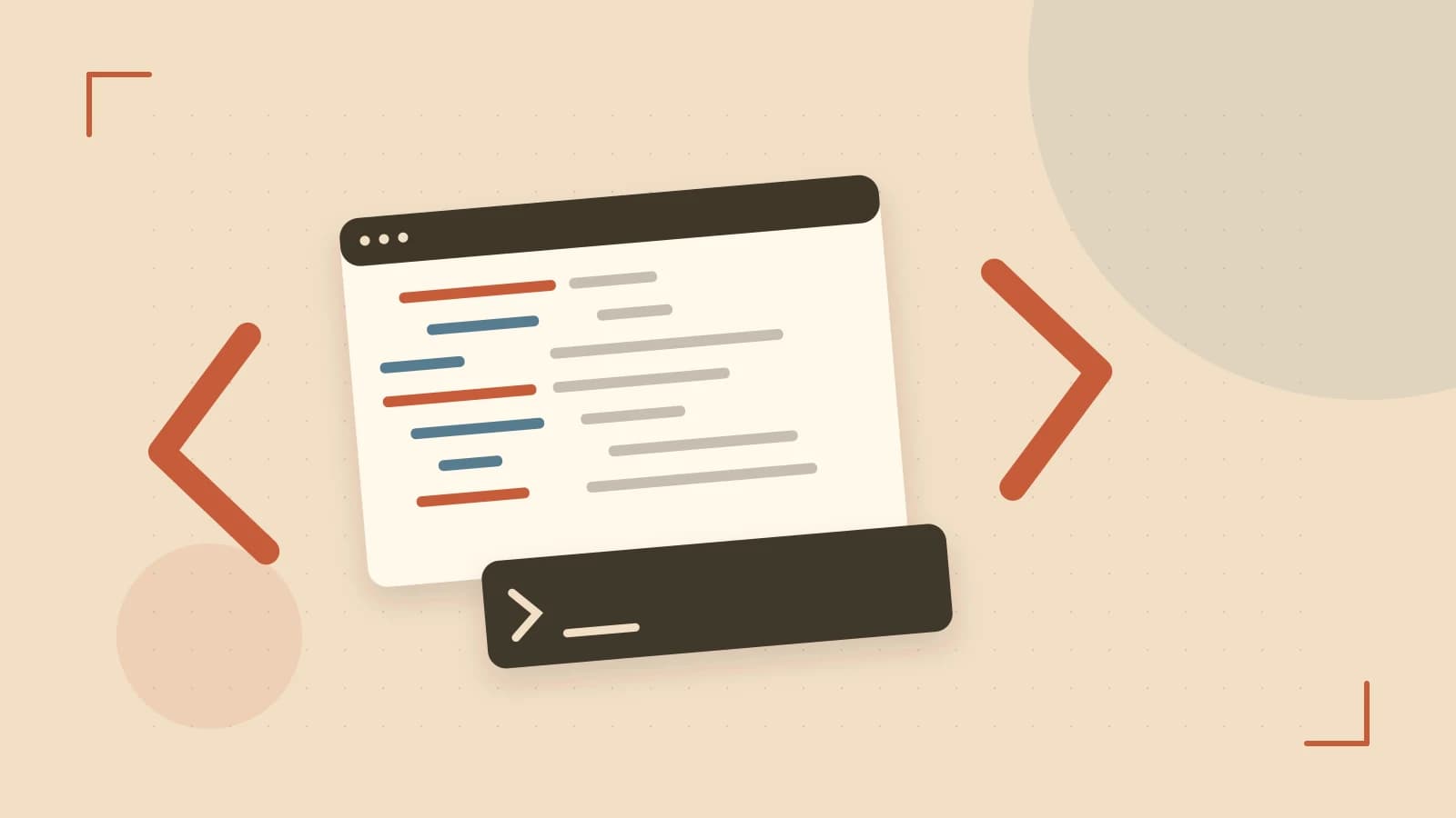 Editorial illustration of an abstract code editor, syntax blocks and oversized programming brackets