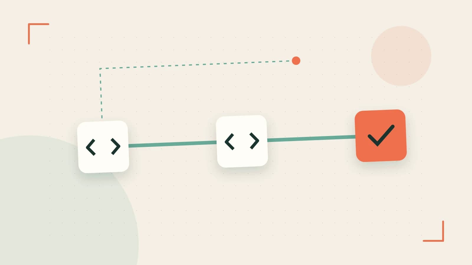 Editorial illustration of a branching build pipeline, staged transformations and a completed check