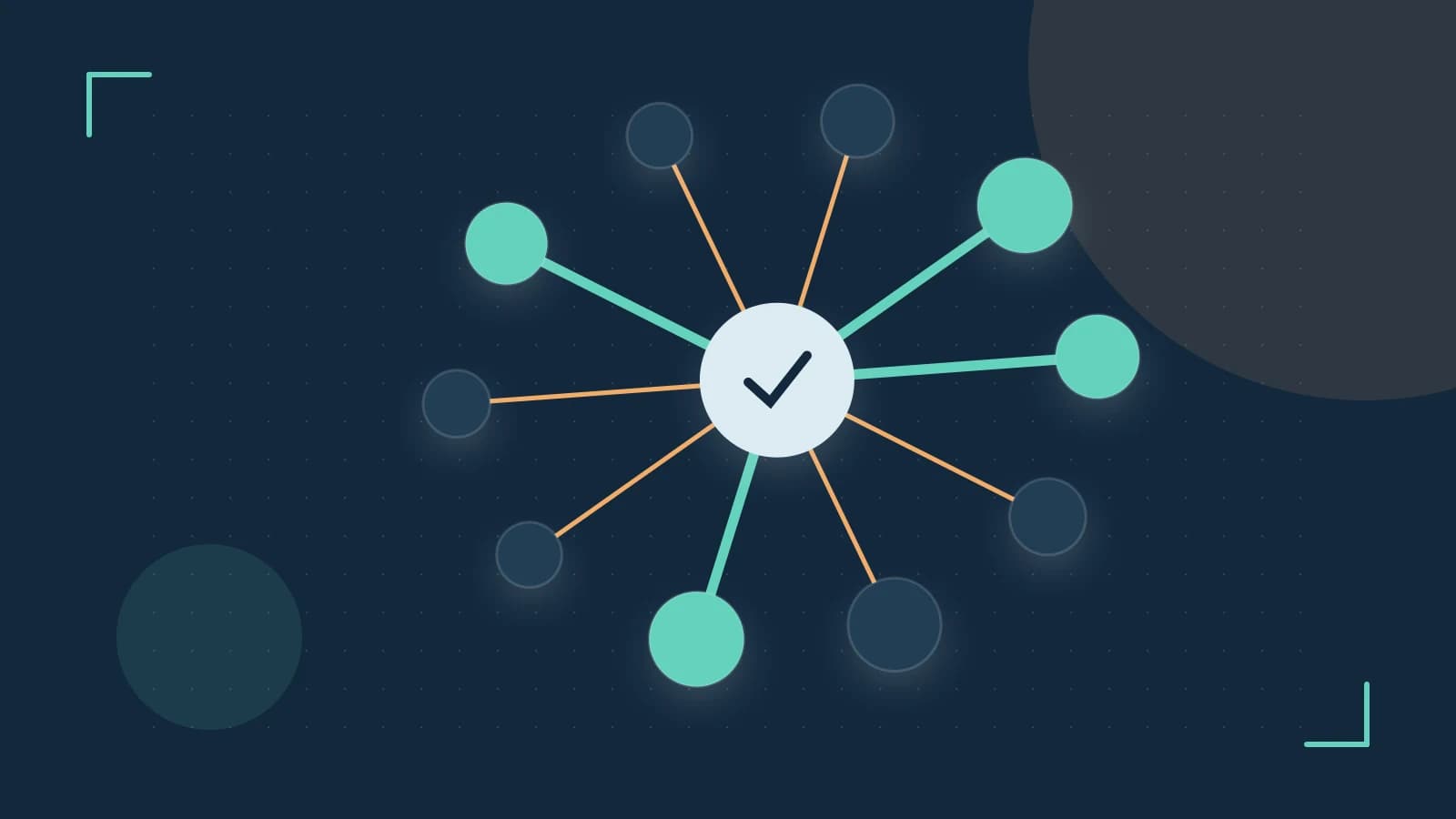 Editorial illustration of an algorithmic node graph with branching paths and a highlighted result