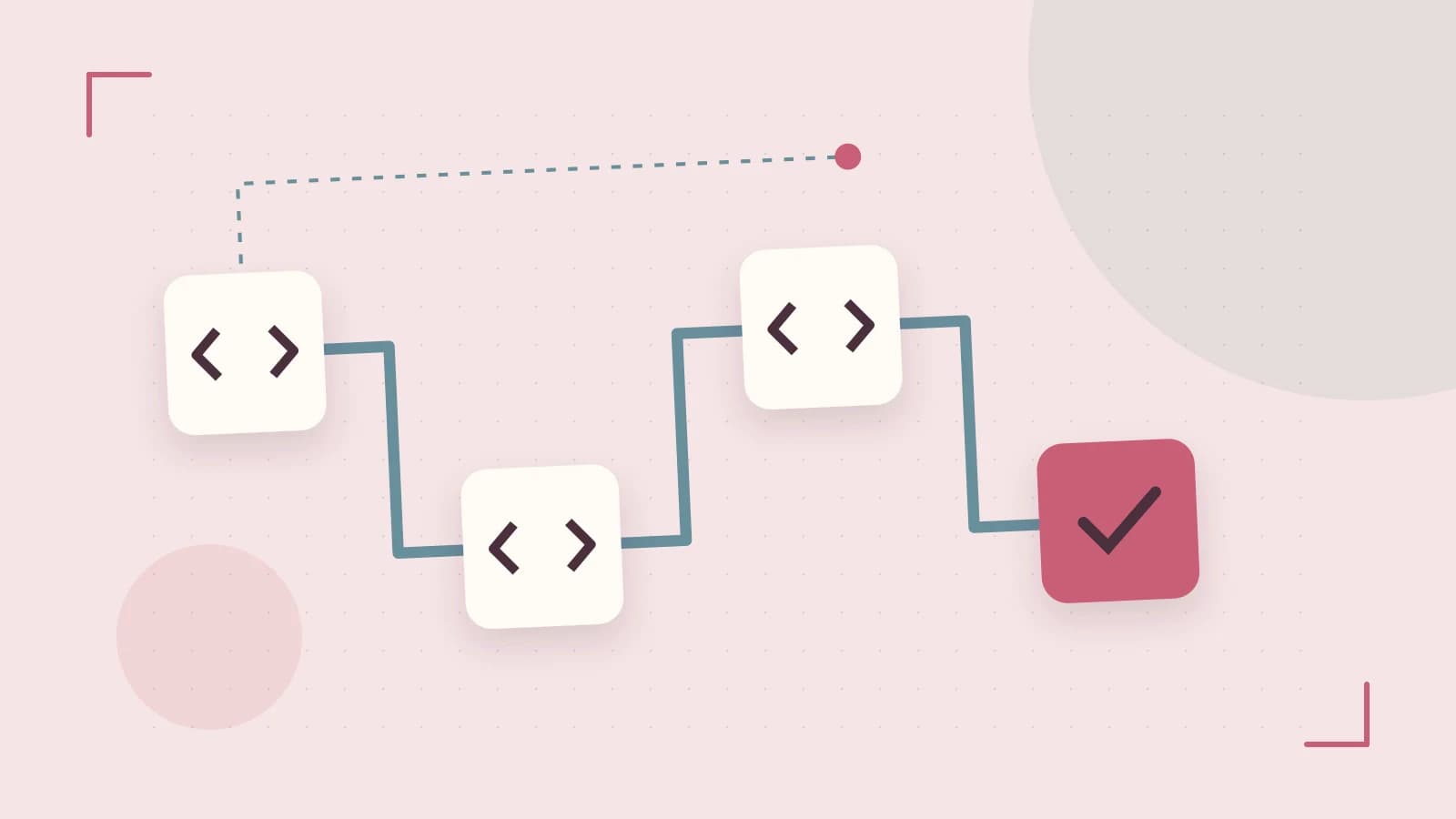 Editorial illustration of a branching build pipeline, staged transformations and a completed check