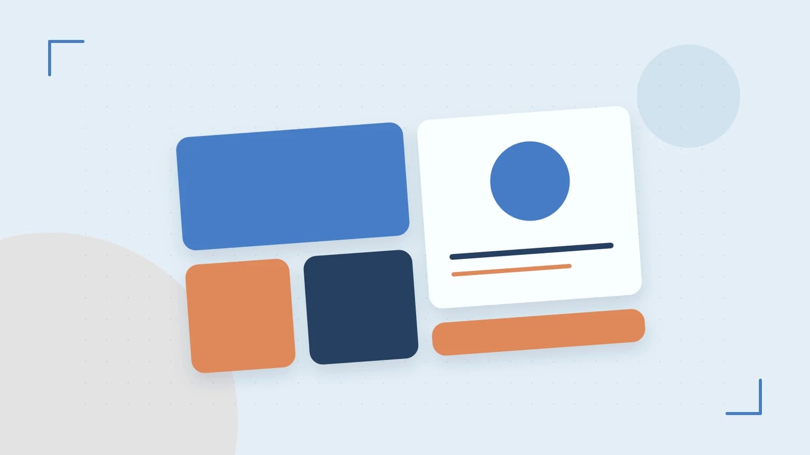 Editorial illustration of responsive browser layouts, overlapping design components and a color system
