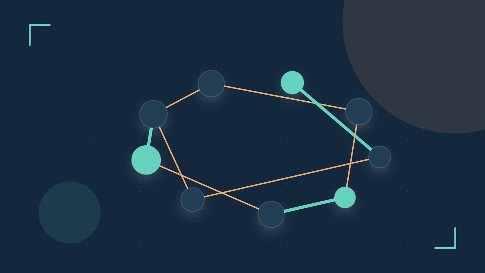 Editorial illustration of an algorithmic node graph with branching paths and a highlighted result