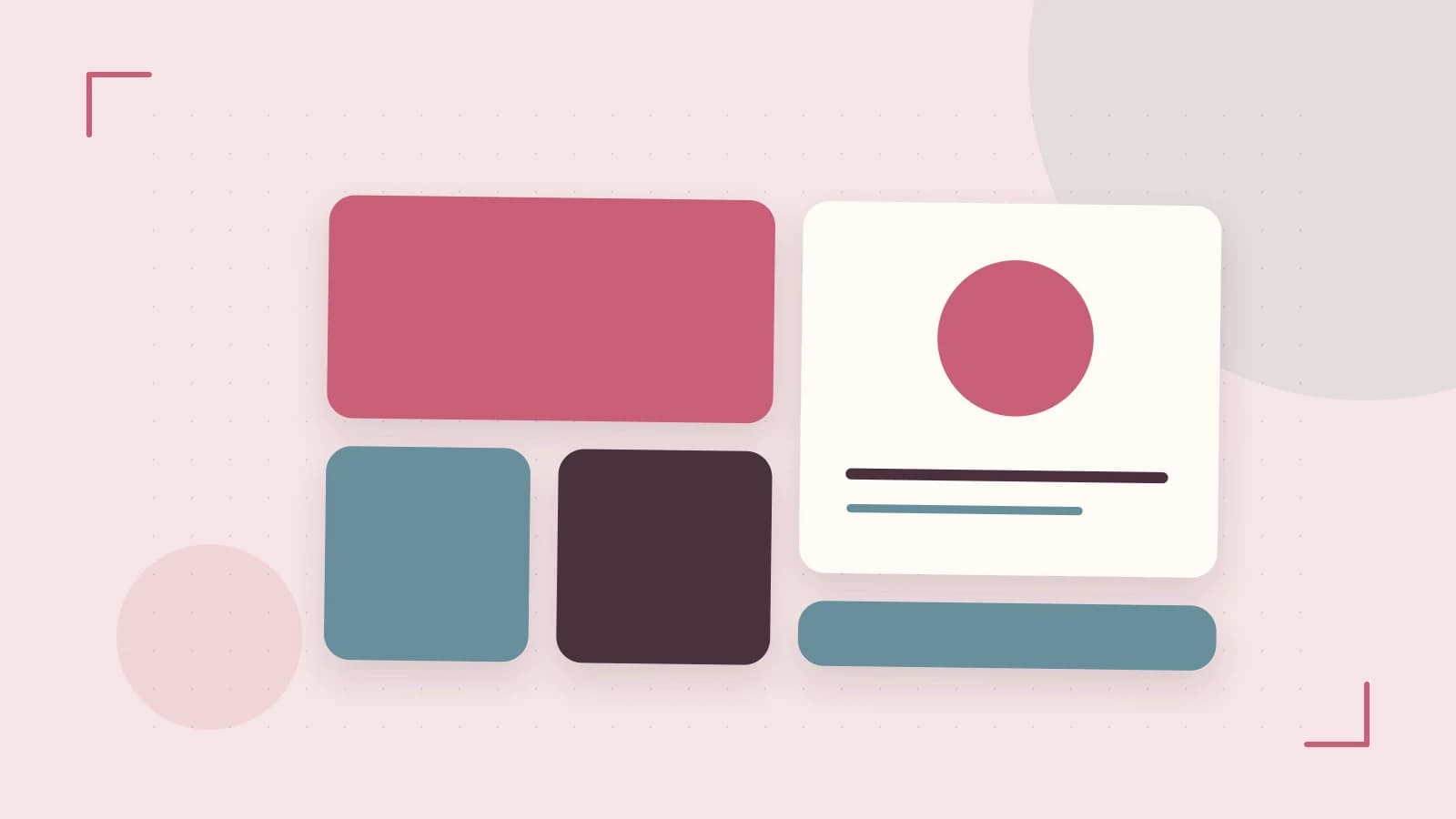 Editorial illustration of responsive browser layouts, overlapping design components and a color system
