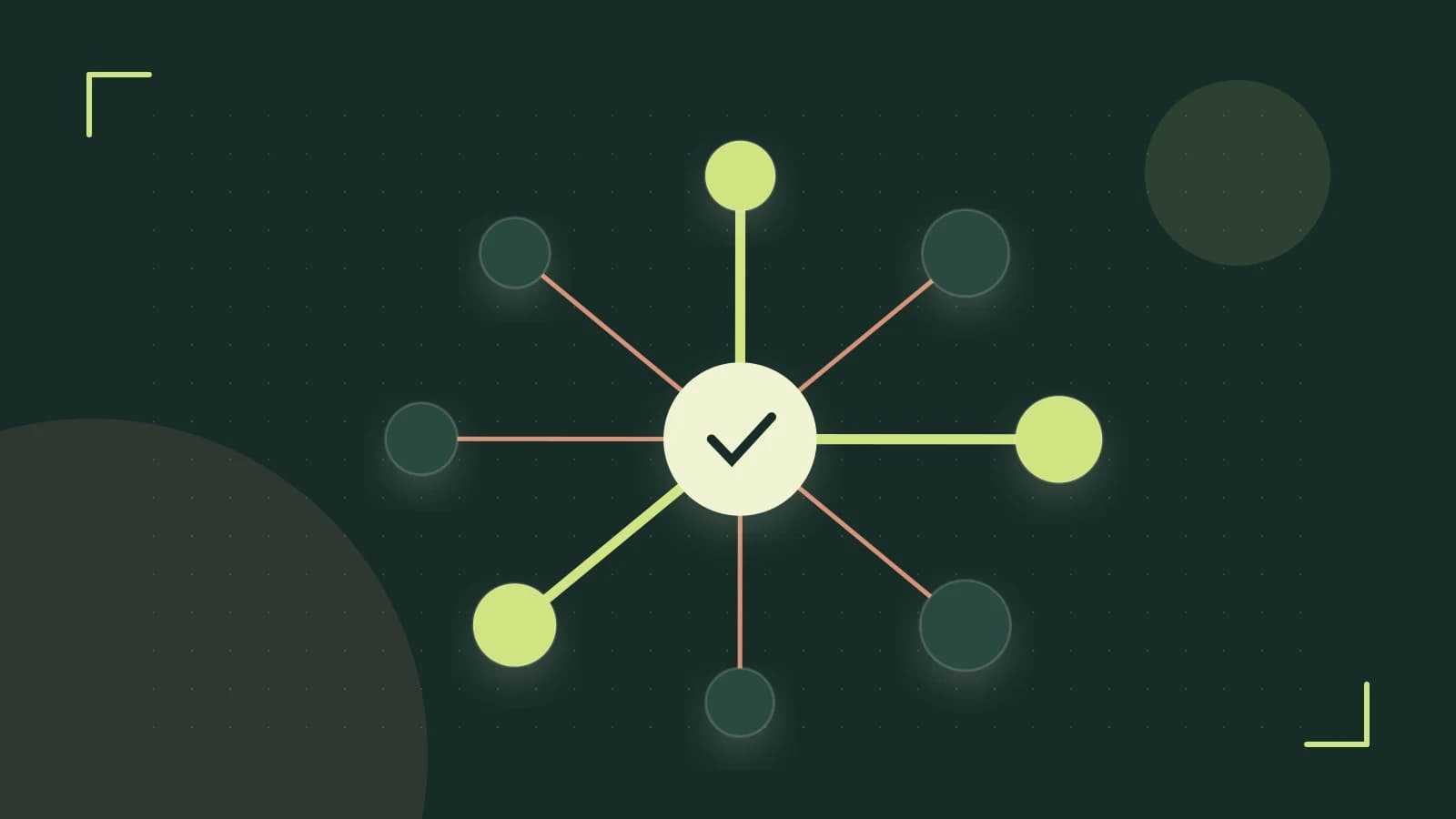 Editorial illustration of an algorithmic node graph with branching paths and a highlighted result