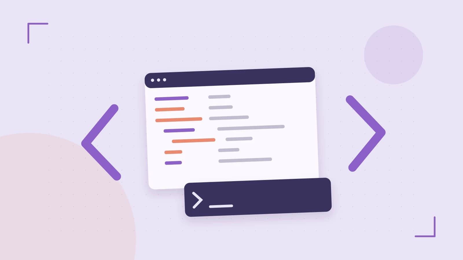 Editorial illustration of an abstract code editor, syntax blocks and oversized programming brackets