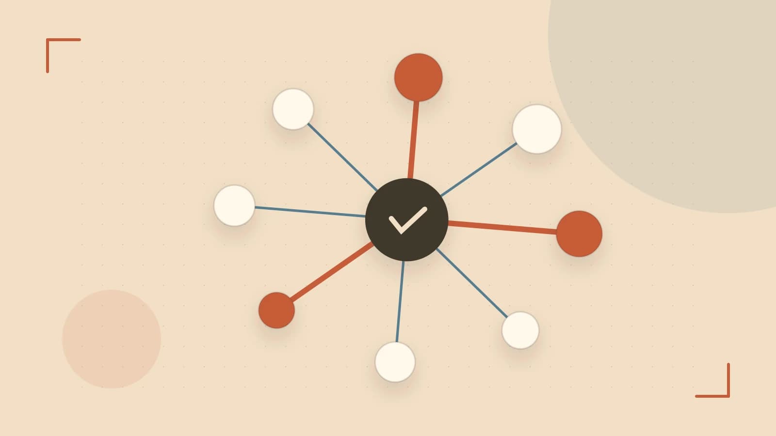 Editorial illustration of an algorithmic node graph with branching paths and a highlighted result