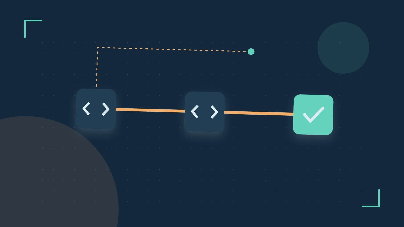 Editorial illustration of a branching build pipeline, staged transformations and a completed check