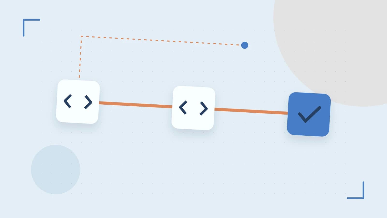 Editorial illustration of a branching build pipeline, staged transformations and a completed check