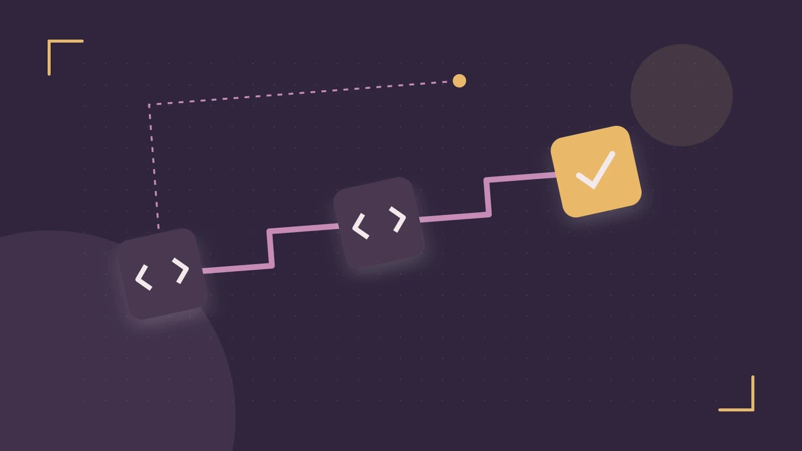 Editorial illustration of a branching build pipeline, staged transformations and a completed check