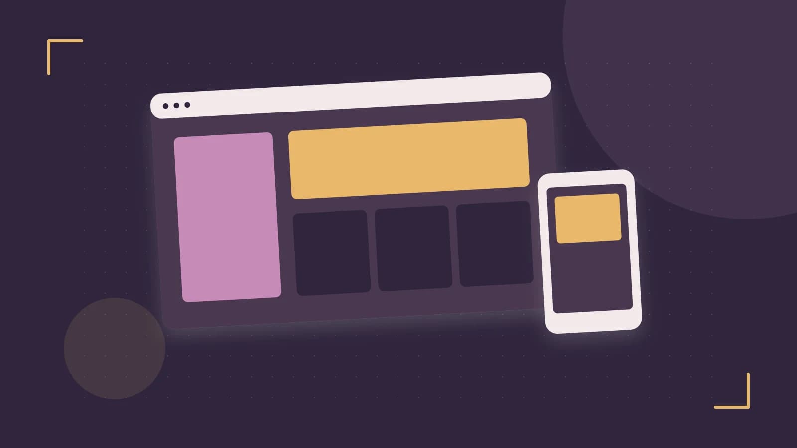 Editorial illustration of responsive browser layouts, overlapping design components and a color system