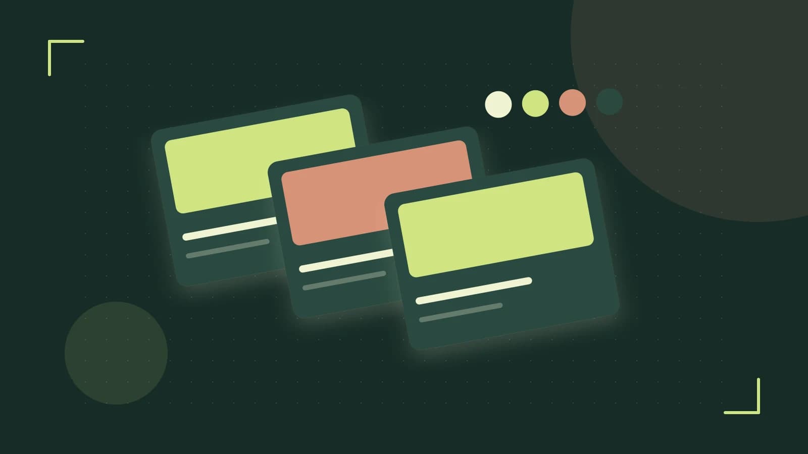 Editorial illustration of responsive browser layouts, overlapping design components and a color system