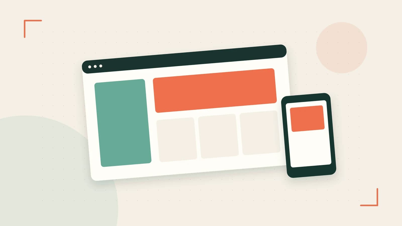 Editorial illustration of responsive browser layouts, overlapping design components and a color system