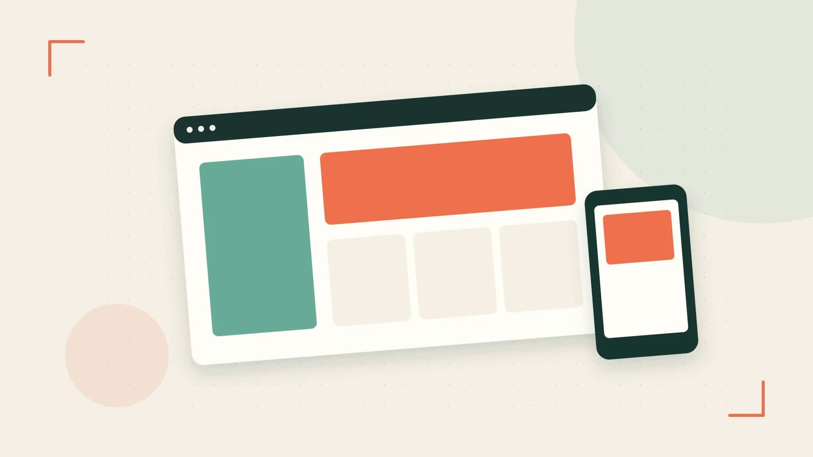 Editorial illustration of responsive browser layouts, overlapping design components and a color system
