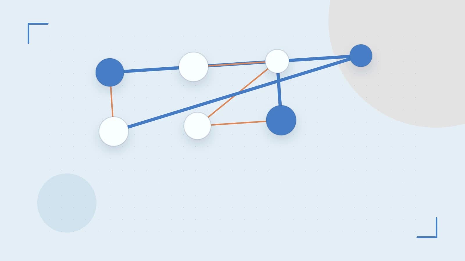 Editorial illustration of an algorithmic node graph with branching paths and a highlighted result