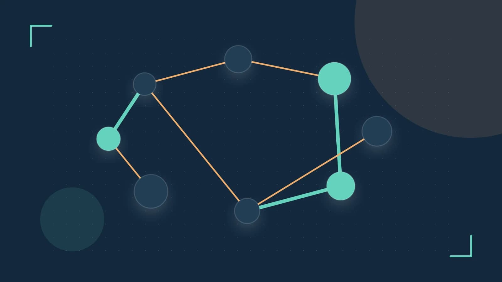 Editorial illustration of an algorithmic node graph with branching paths and a highlighted result