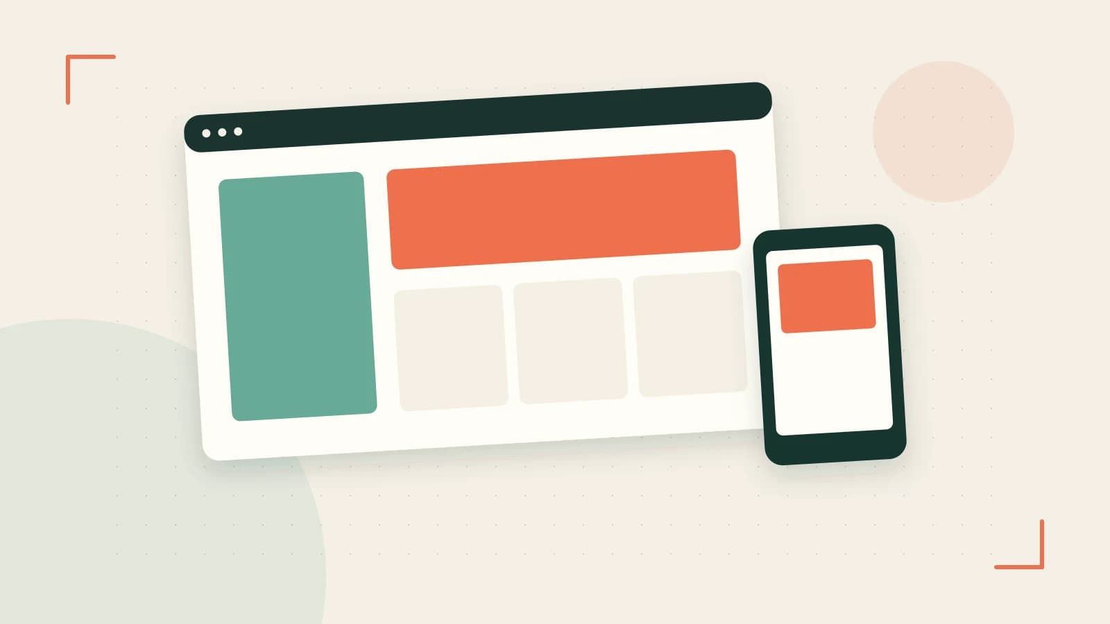 Editorial illustration of responsive browser layouts, overlapping design components and a color system
