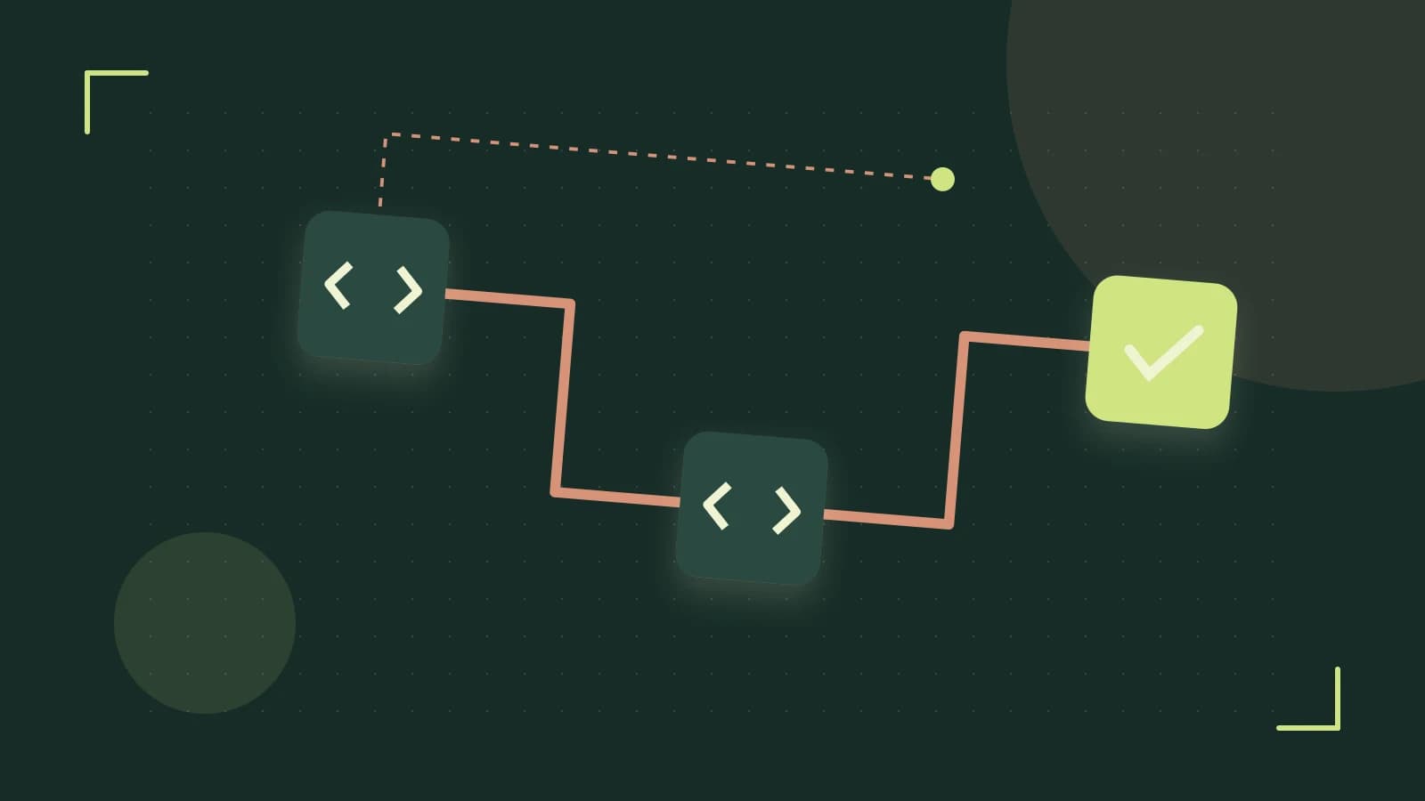 Editorial illustration of a branching build pipeline, staged transformations and a completed check