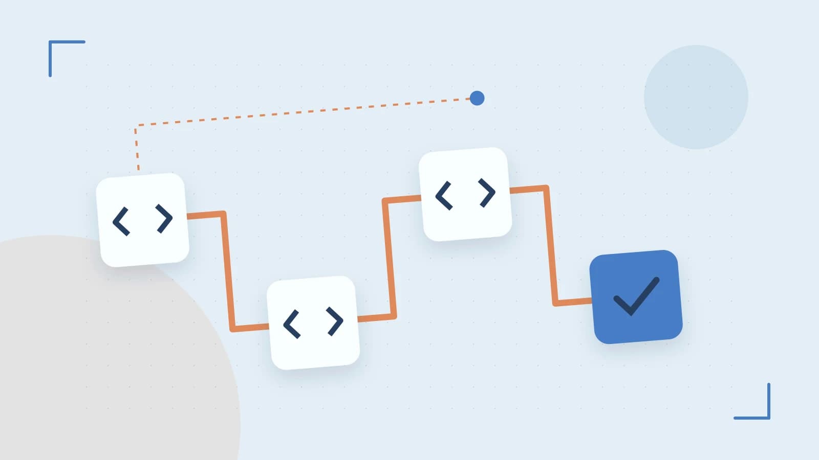Editorial illustration of a branching build pipeline, staged transformations and a completed check
