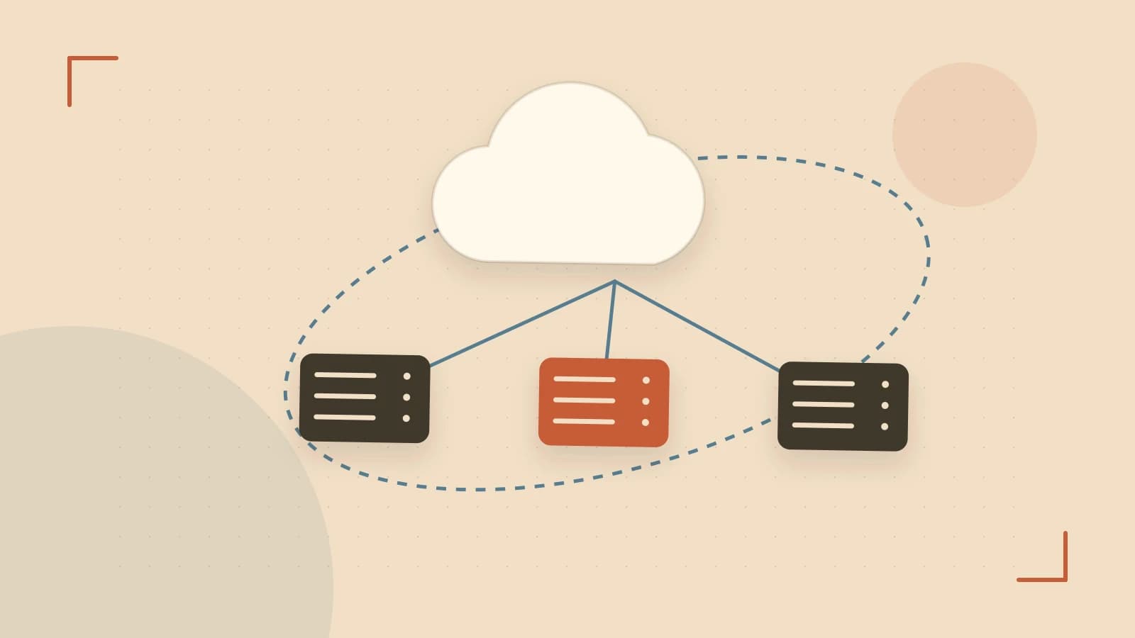Editorial illustration of cloud infrastructure, connected server racks and an orbital service map