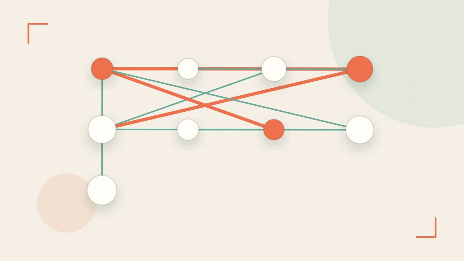 Editorial illustration of an algorithmic node graph with branching paths and a highlighted result
