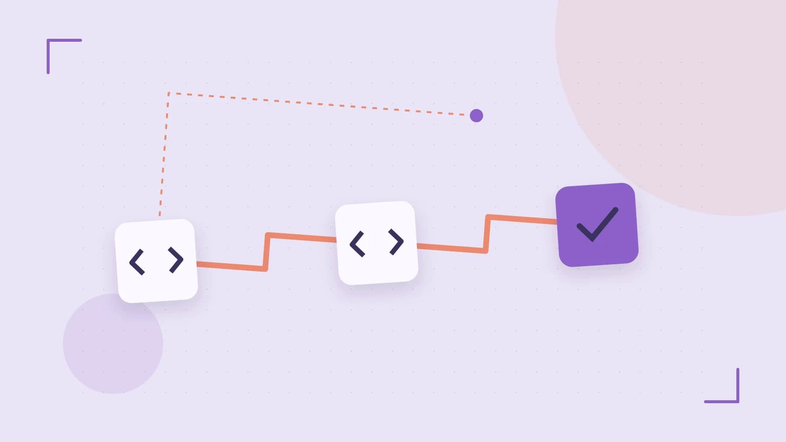 Editorial illustration of a branching build pipeline, staged transformations and a completed check