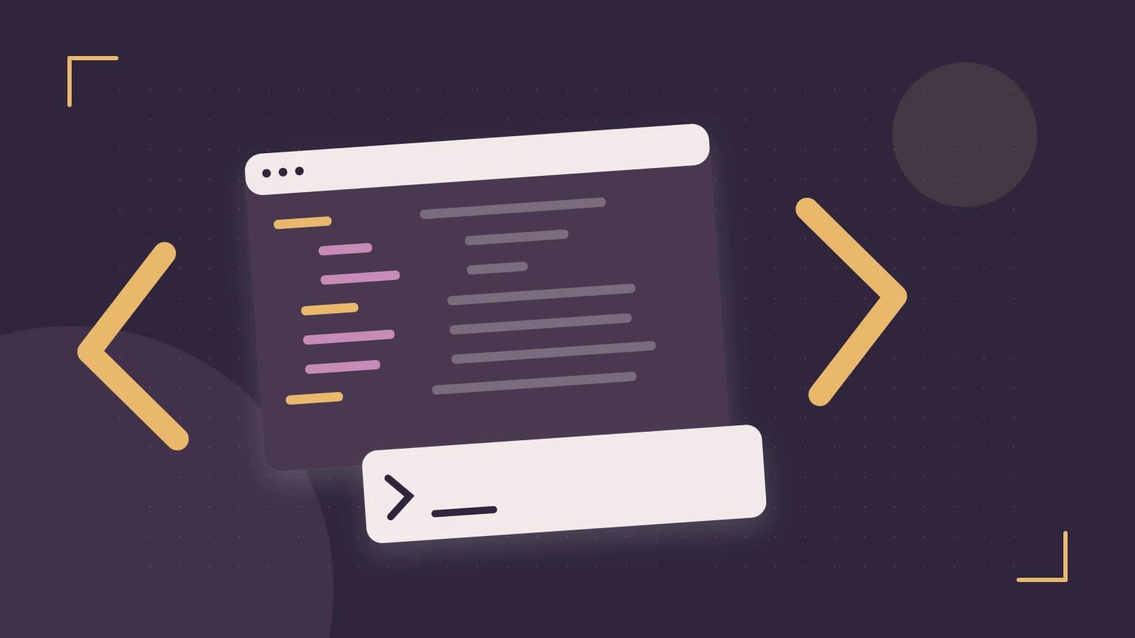 Editorial illustration of an abstract code editor, syntax blocks and oversized programming brackets