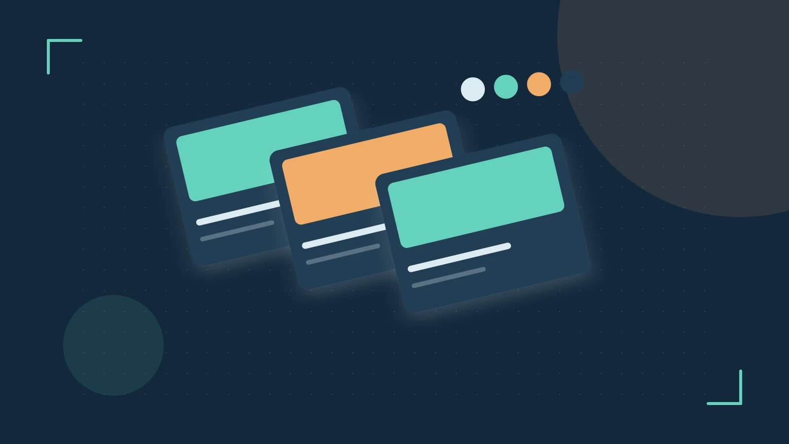 Editorial illustration of responsive browser layouts, overlapping design components and a color system