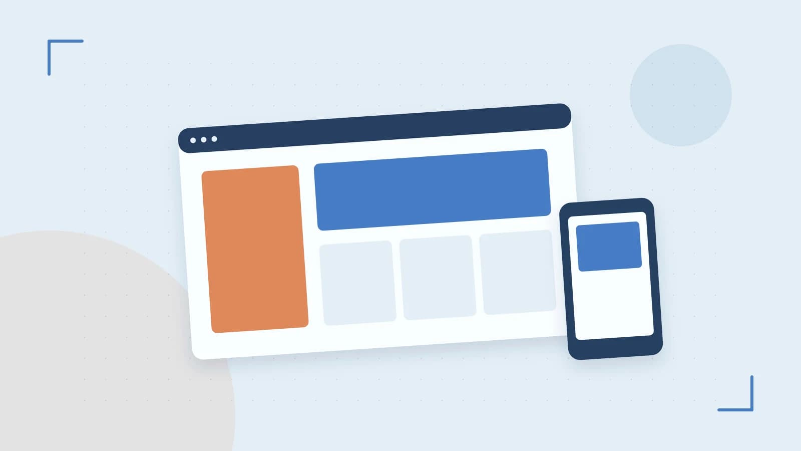 Editorial illustration of responsive browser layouts, overlapping design components and a color system