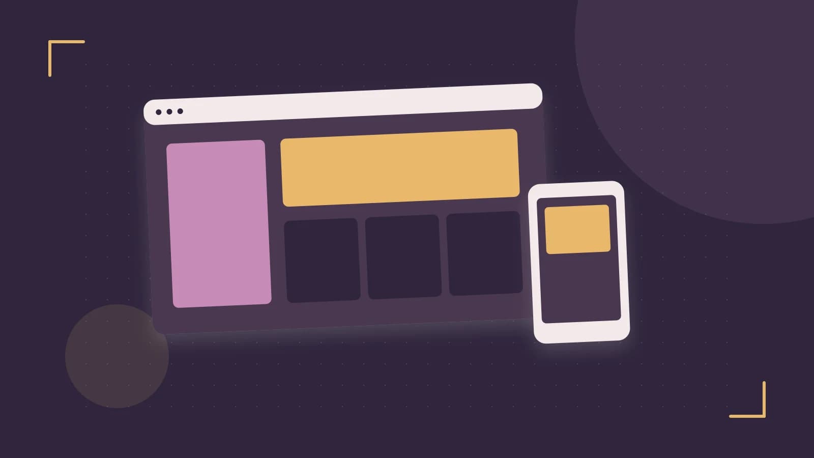 Editorial illustration of responsive browser layouts, overlapping design components and a color system