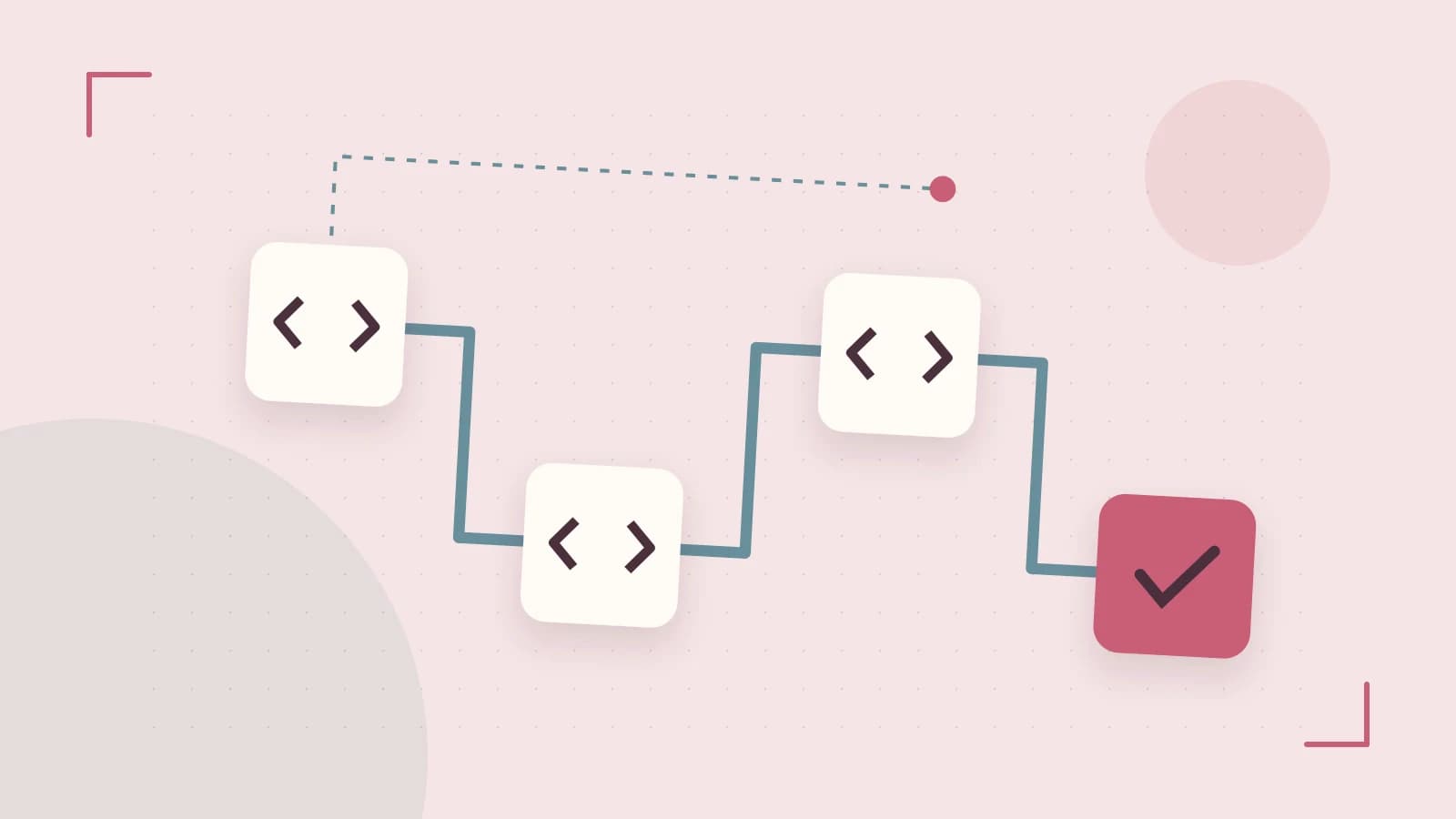 Editorial illustration of a branching build pipeline, staged transformations and a completed check
