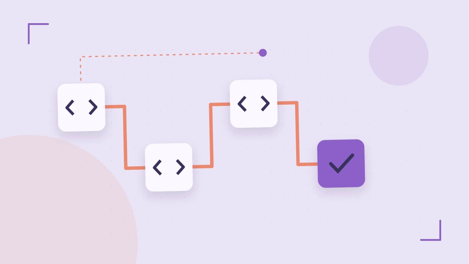Editorial illustration of a branching build pipeline, staged transformations and a completed check