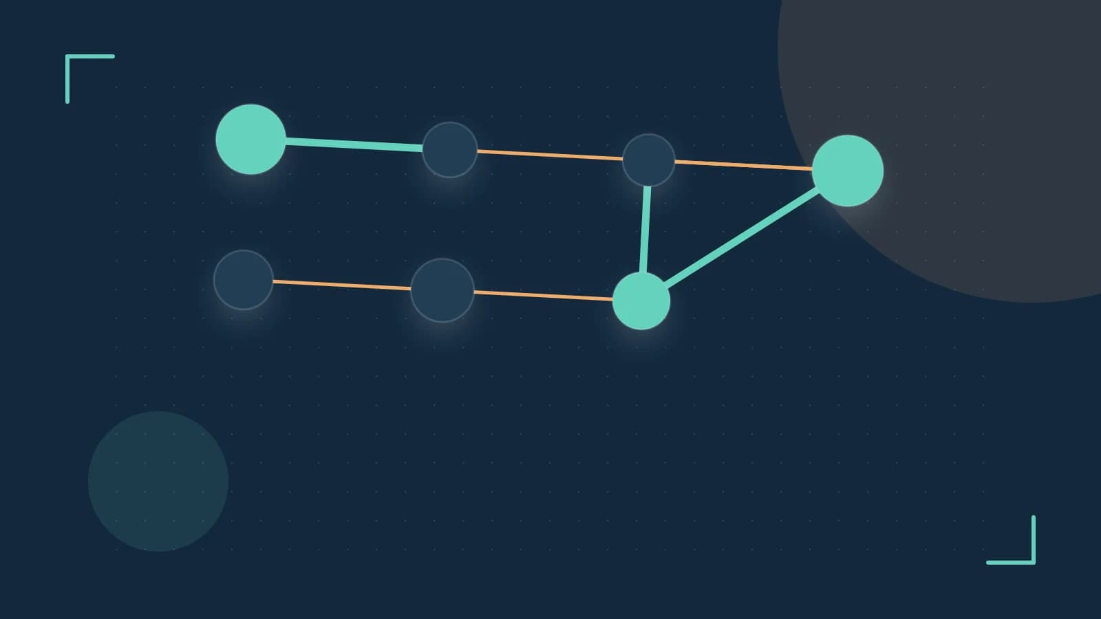 Editorial illustration of an algorithmic node graph with branching paths and a highlighted result