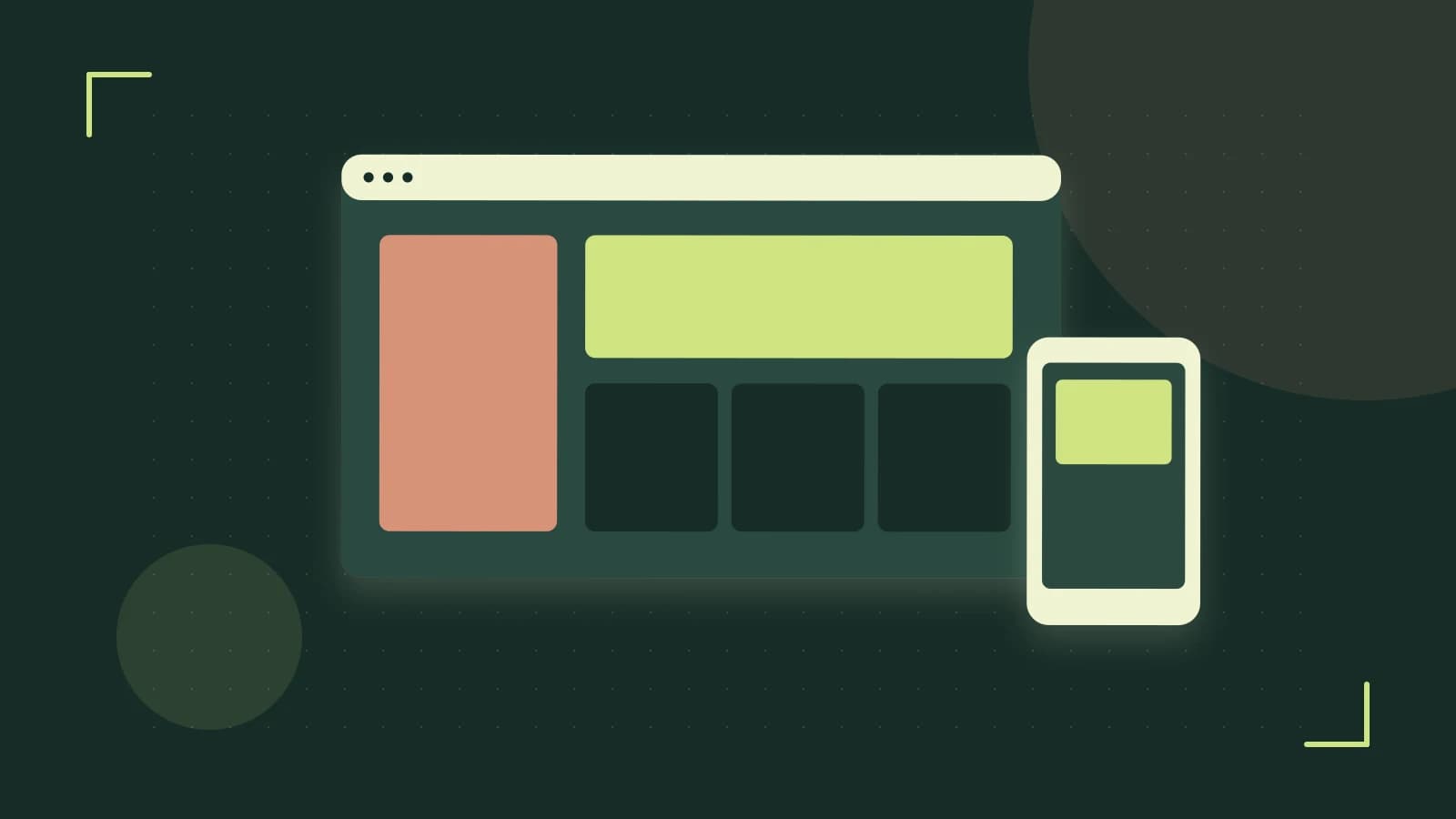 Editorial illustration of responsive browser layouts, overlapping design components and a color system